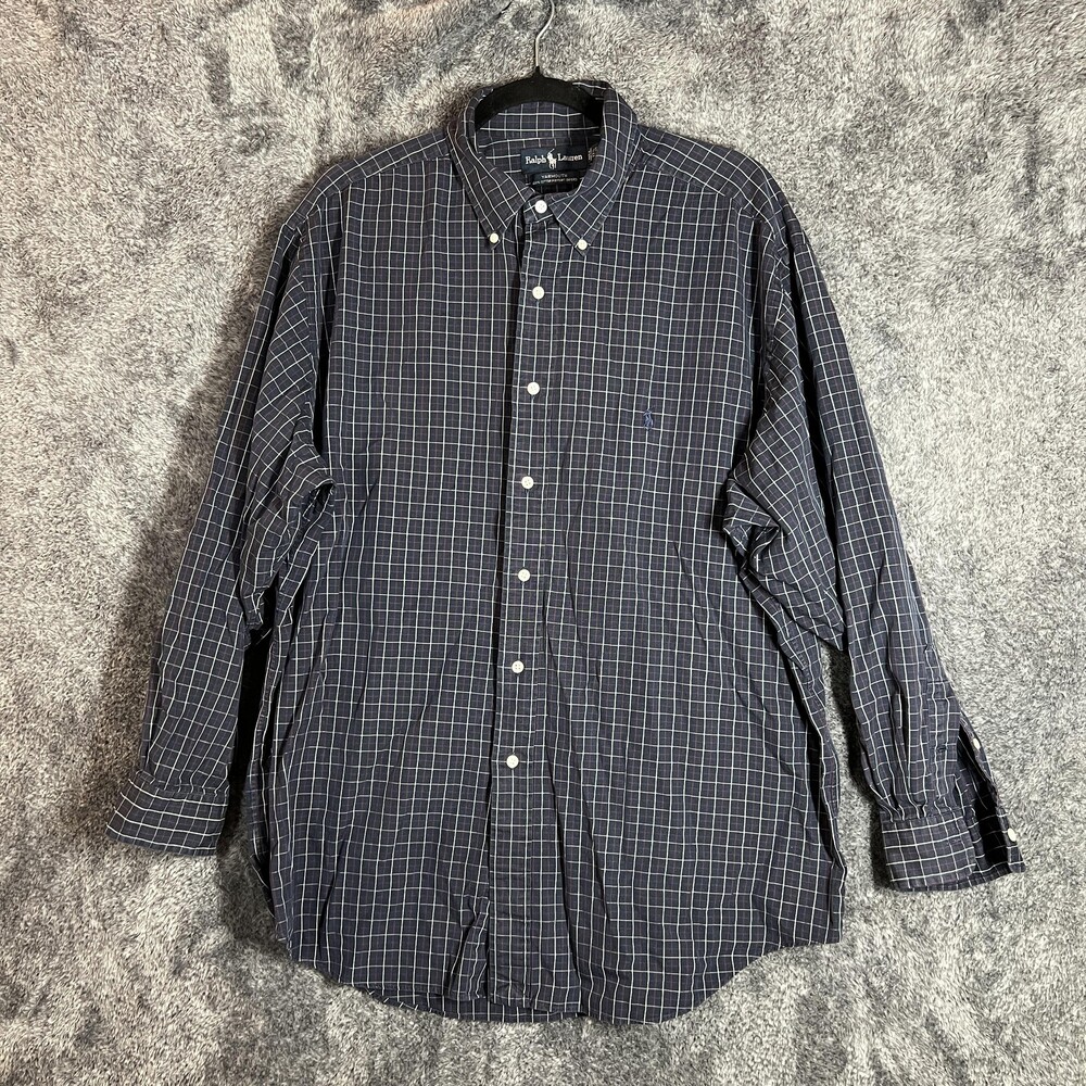 Ralph Lauren Shirt Mens 17.5 34/35 Blue Check Yarmouth Pinpoint Oxford